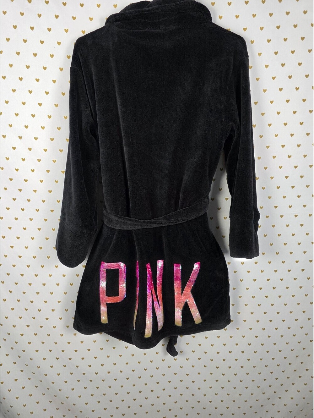 Victorias Secret Soft Fluffy Logo BLING Iridescent Warm Black Robe XS SMALL